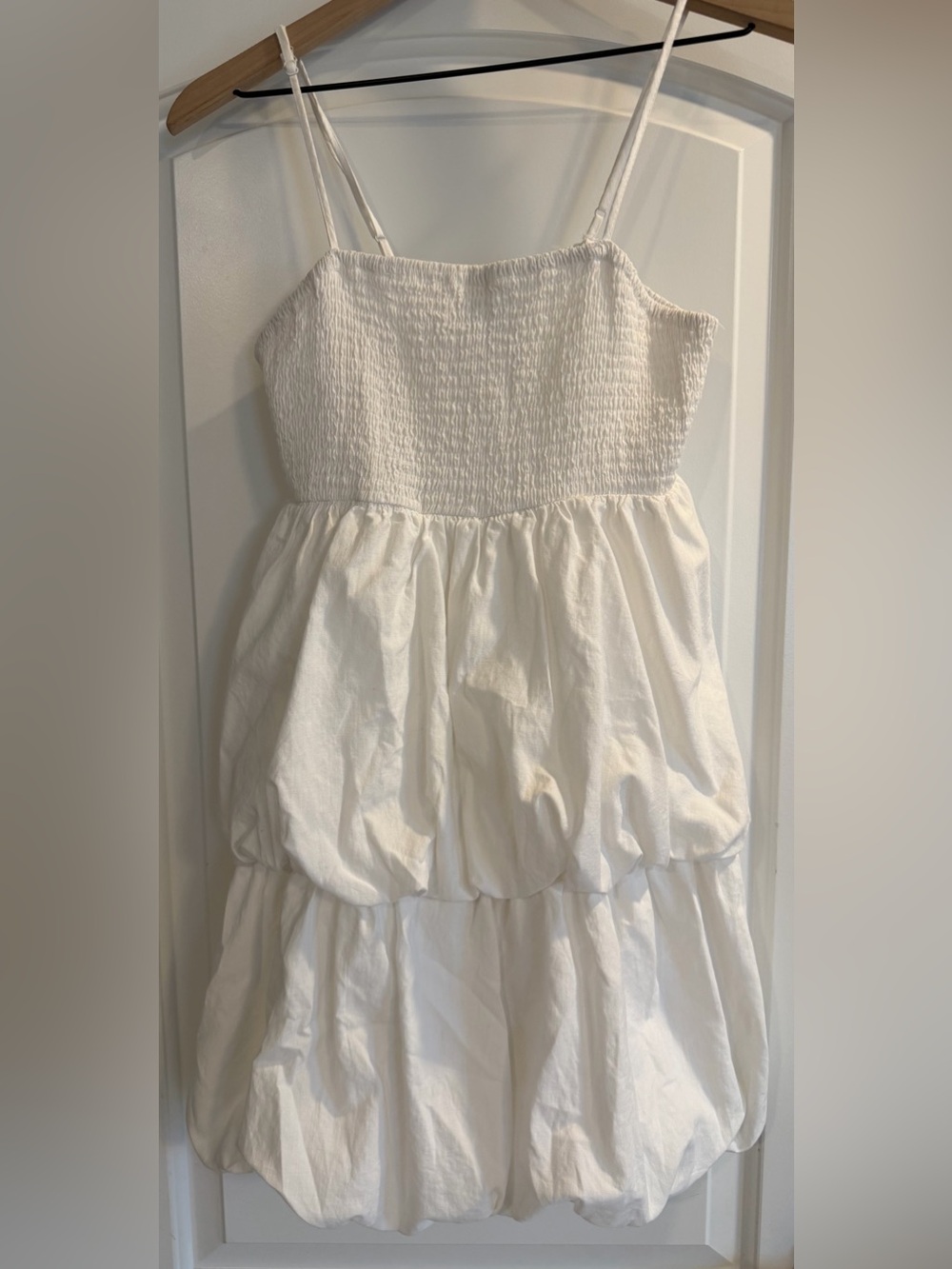 White Smocked Mini Dress with Tiered Bubble Skirt